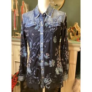 REBA Denim Embroidered‎ Floral Mesh Button Up Shirt Women's Size M